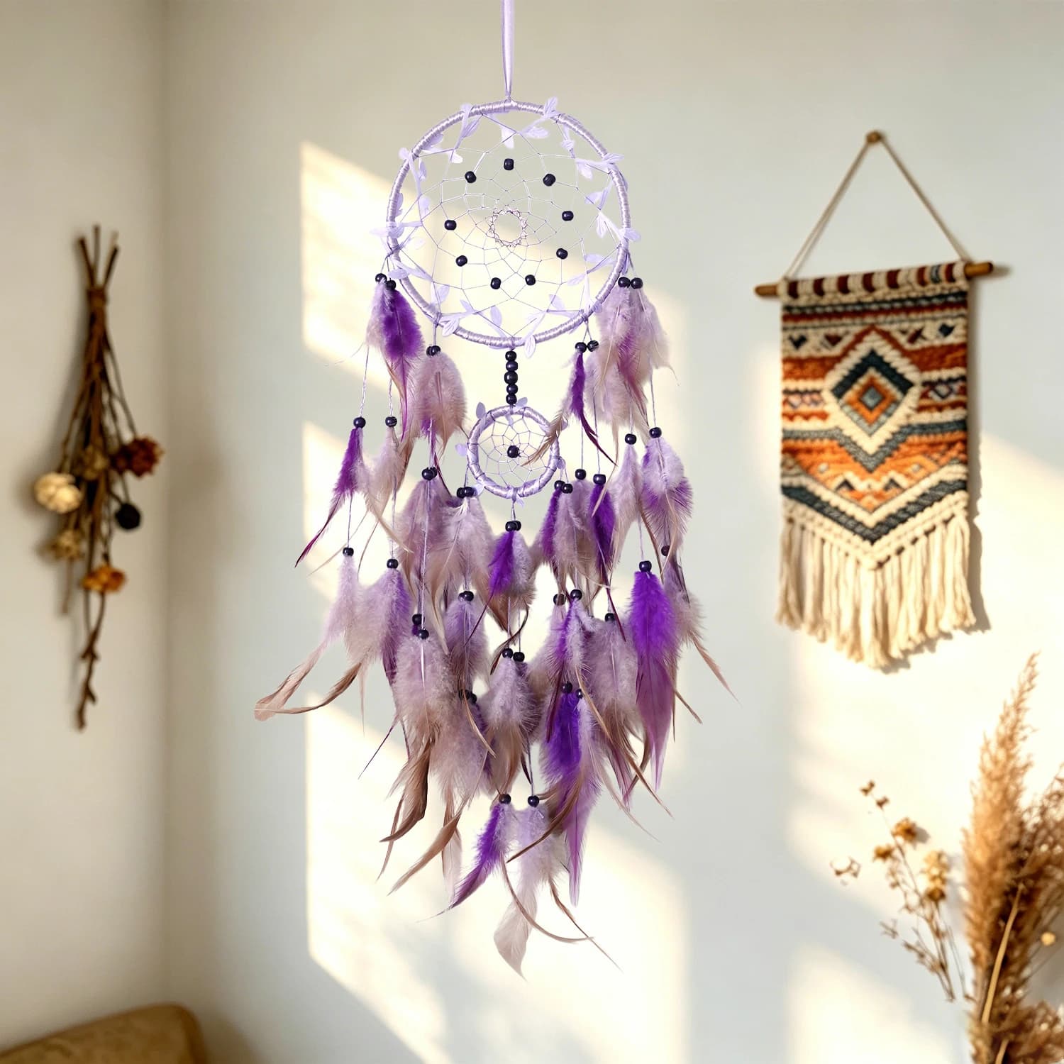 Purple Double Circle Dream Catcher with Beads Gradient Feathers Handcrafted Wall Hanging Home Decoration Wind Chimes Gift