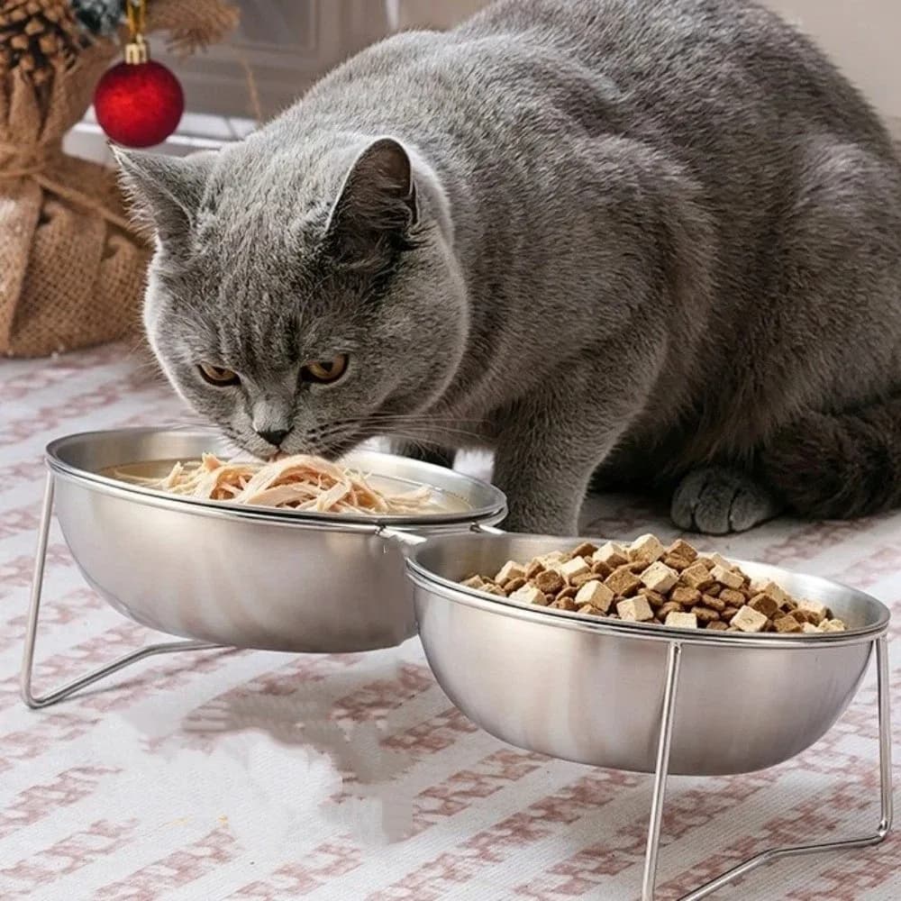 Large Capacity Stainless Steel Cat Bowl Anti-Tipping Rust Proof Elevated Pet Food Bowl Nonslip Neck Protection
