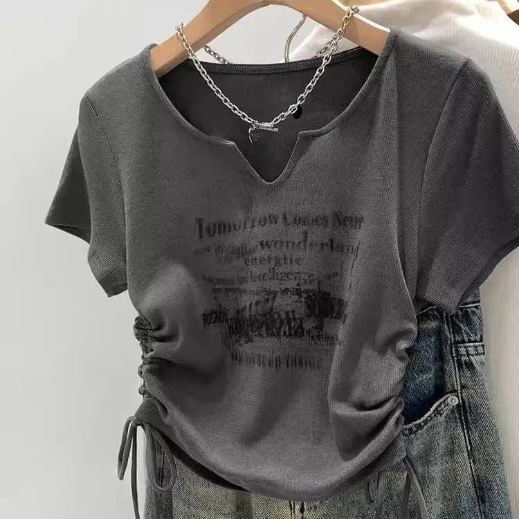 New Summer Women's American Style Trend Waist-Cinching Drawstring Slimming Printed V-Neck Short Sleeve T-Shirt