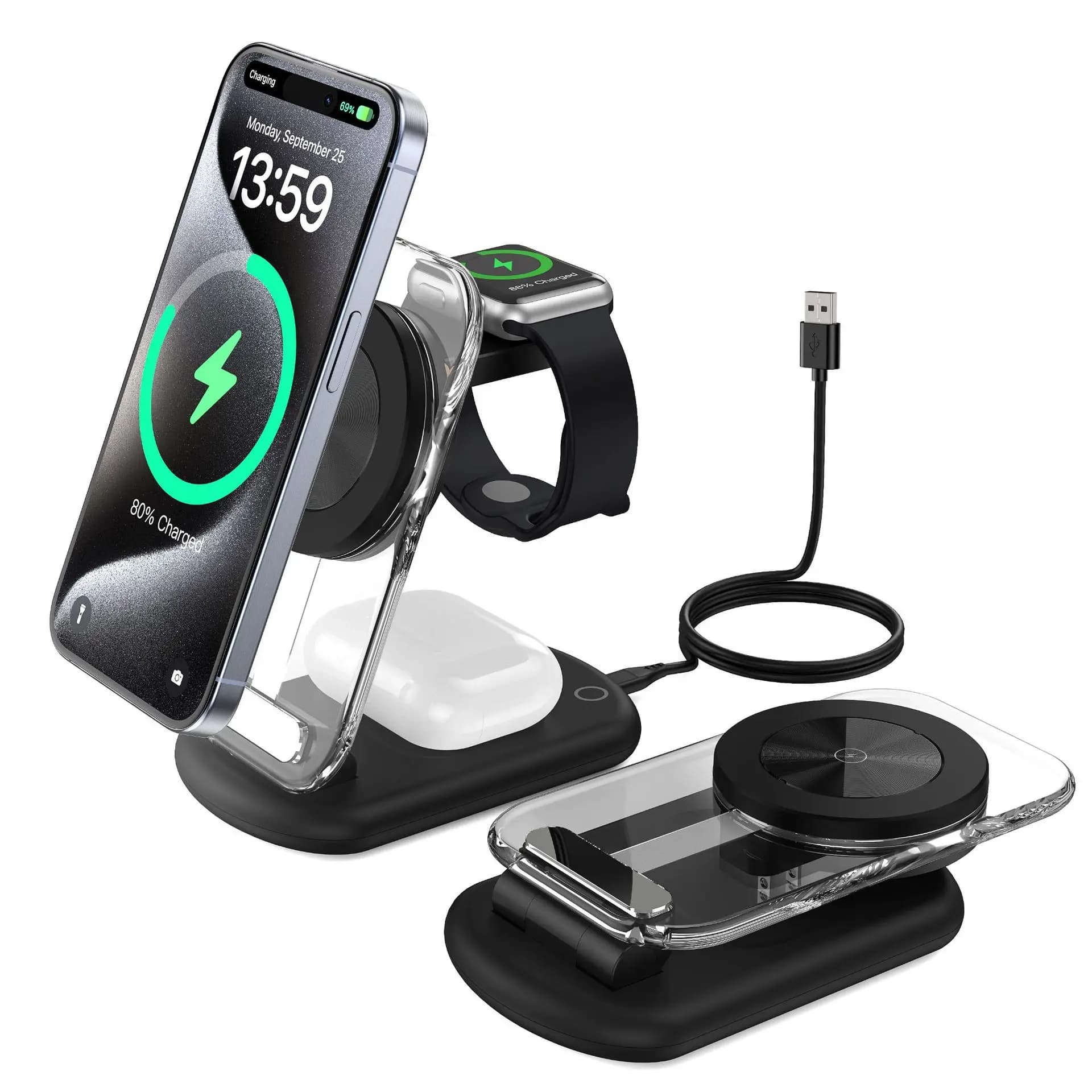 Foldable, portable, magnetic-suction three-in-one wireless charger, suitable for phones, watches, and earbuds No adapter include