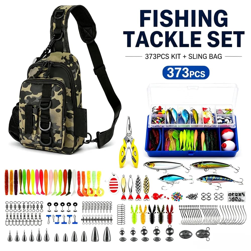 Camo Sling Chest Fishing Bag Set 373Pcs Complete Tackle Kit Lures Pliers Hooks Weights Tackle Box Outdoor Angling Accessories