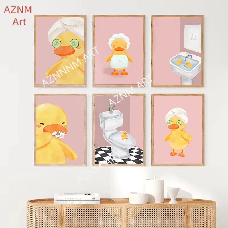 Poster e Stampe Divertenti con Paperino Cartone Animato per la Cura Personale e la Pulizia dei Denti, Stampa su Tela Rosa per Decorazione Bagno e Toilette