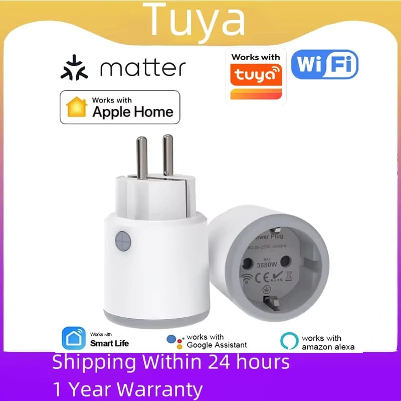 TUYA Smart Plug Matter Wi-Fi Socket 16A Smart Timer Outlet Power Monitor Support Homekit Work With Google Home Alexa