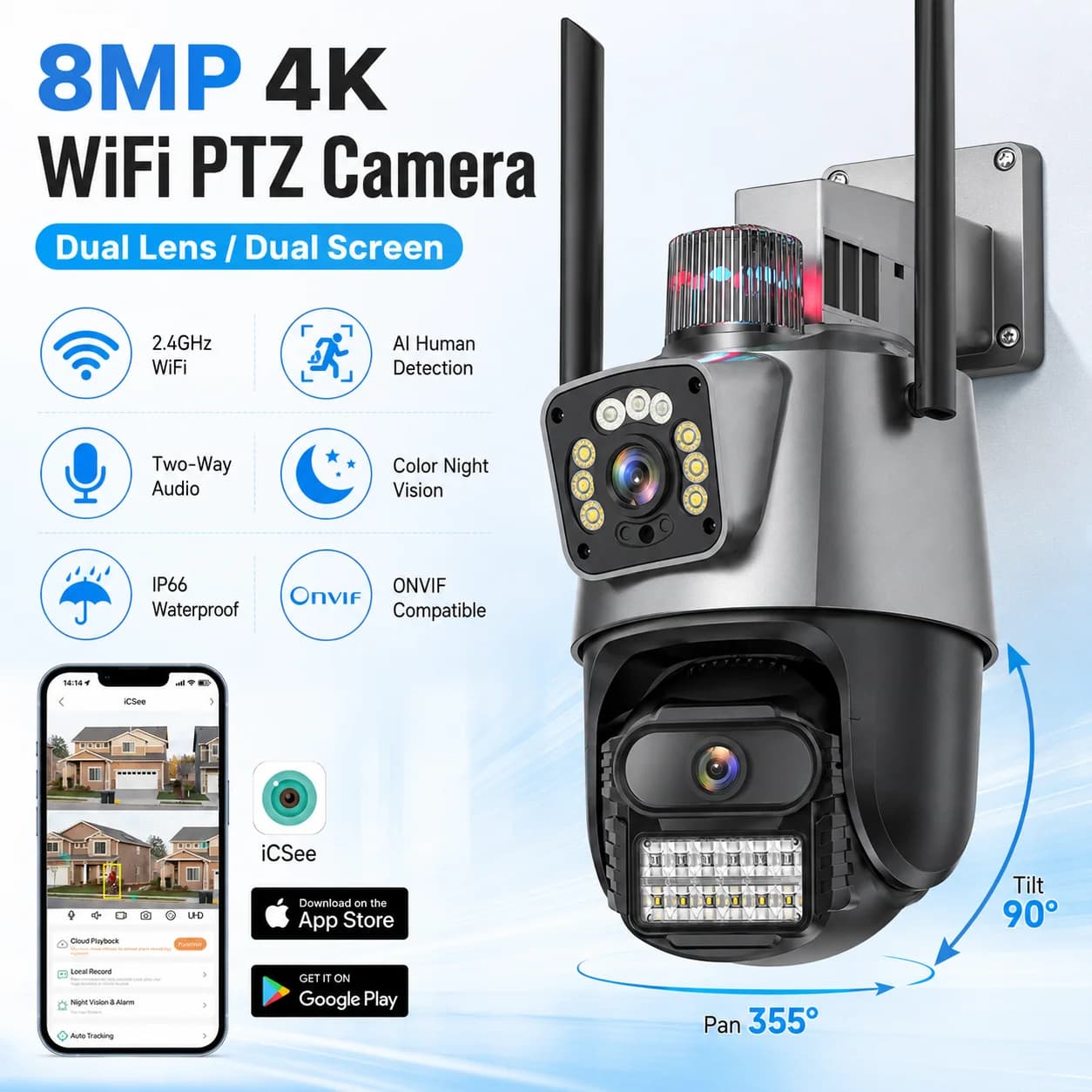 4K 8MP Outdoor Wifi Camera PTZ Dual-Lens Dual Screen Camera iCSee APP AI Auto Tracking 4MP Video Surveillance Police Light Alarm