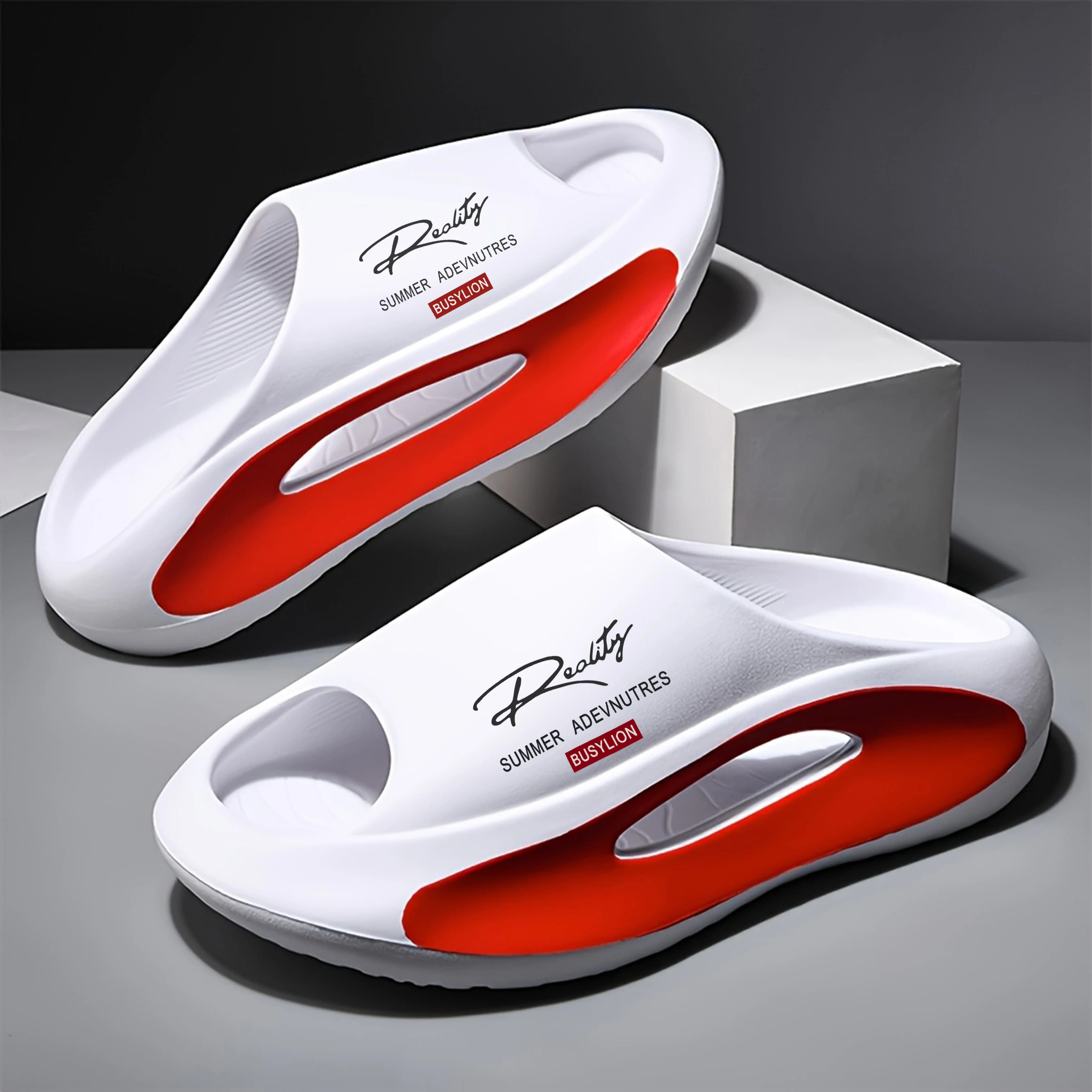 BUSYLION Women's Thick Sole Slide Sandals, Letter Print Slip-On Slippers, Color-Block Open-Toe House Shoes, Non-Slip Elevated Fl