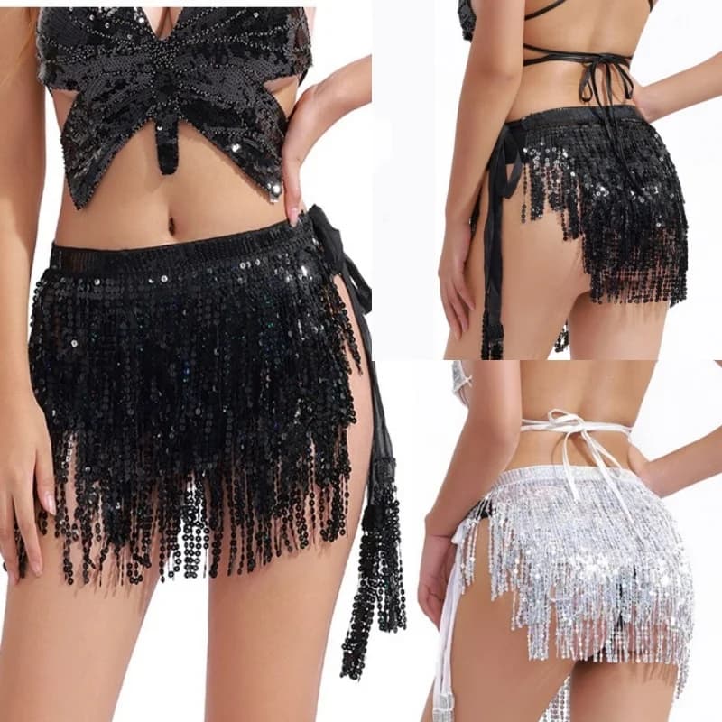 Cinture a catena con paillettes e nappe, sciarpa da fianco, minigonna da ballo, sexy per danza latina, hula, danza del ventre, carnevale, feste, fascia da fianco brillante