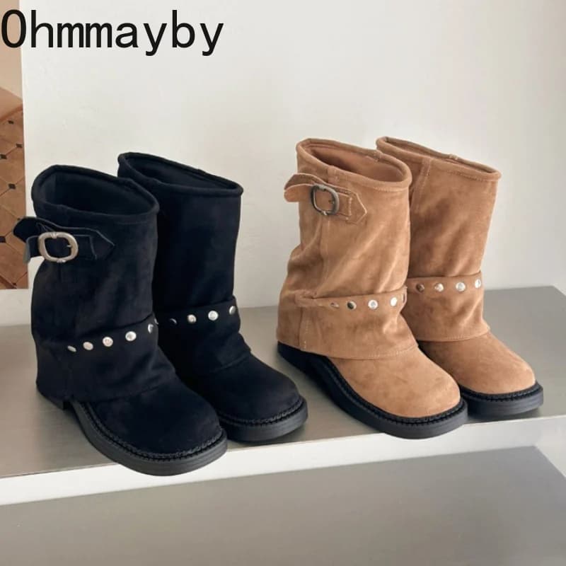 Vintage Suede Mid Calf Boots Women Metal Rivet Buckle Strap Block Heel Retro Casual Daily Slip On Western Cowboy Short Boots