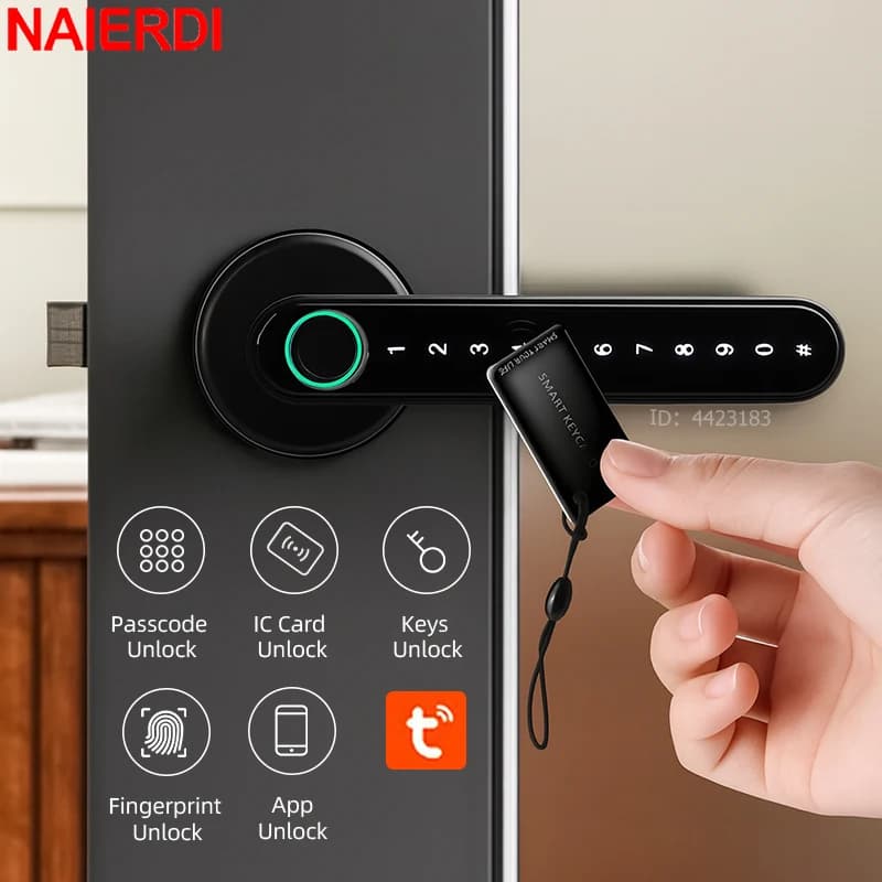 NAIERDI Serratura intelligente per impronte digitali Tuya APP Tastiera Bluetooth Serratura per porta d'ingresso con maniglia per la camera da letto dell'appartamento di casa