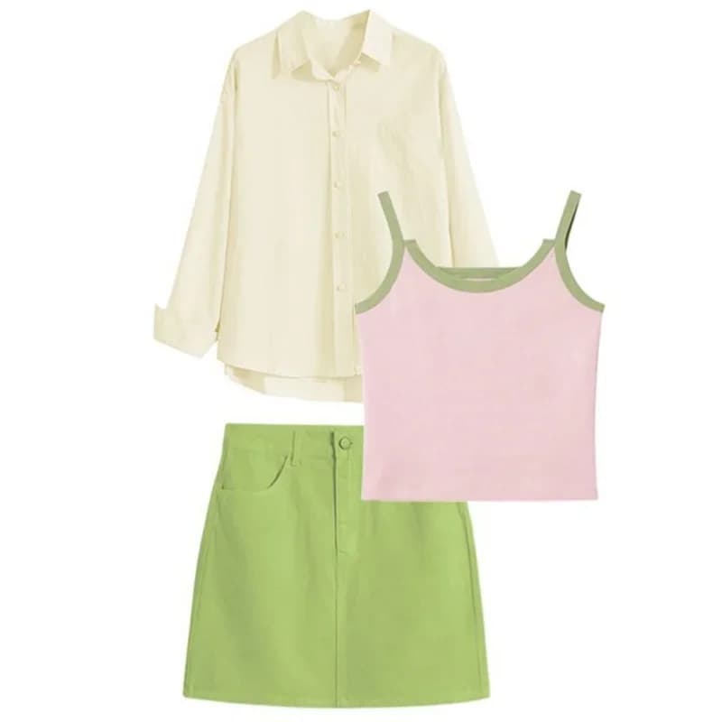 2025 Spring Summer New Women's Sweet Pink Sling Shirts Mini Skirts 1 or 3 Piece Set Lady Fashion Blouse Vest Skirt Outfits