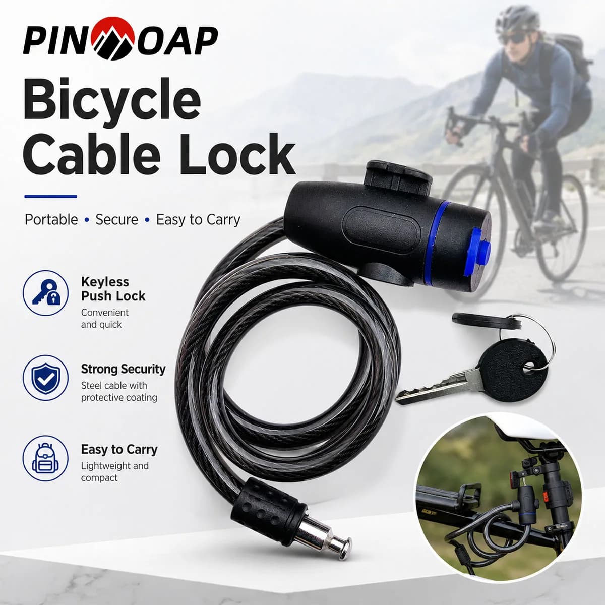 PINMOAP Portable Bike Lock Anti Theft Bicycle Security Lock Heavy Duty Cable Chain Lock For Mountain Road City Bike Cycling Gear