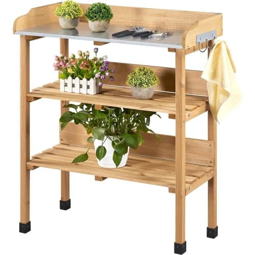 Tavolo da Giardinaggio per Esterni in Legno con Piano in Metallo, Ripiano Portaoggetti e 3 Ganci, Legno Naturale