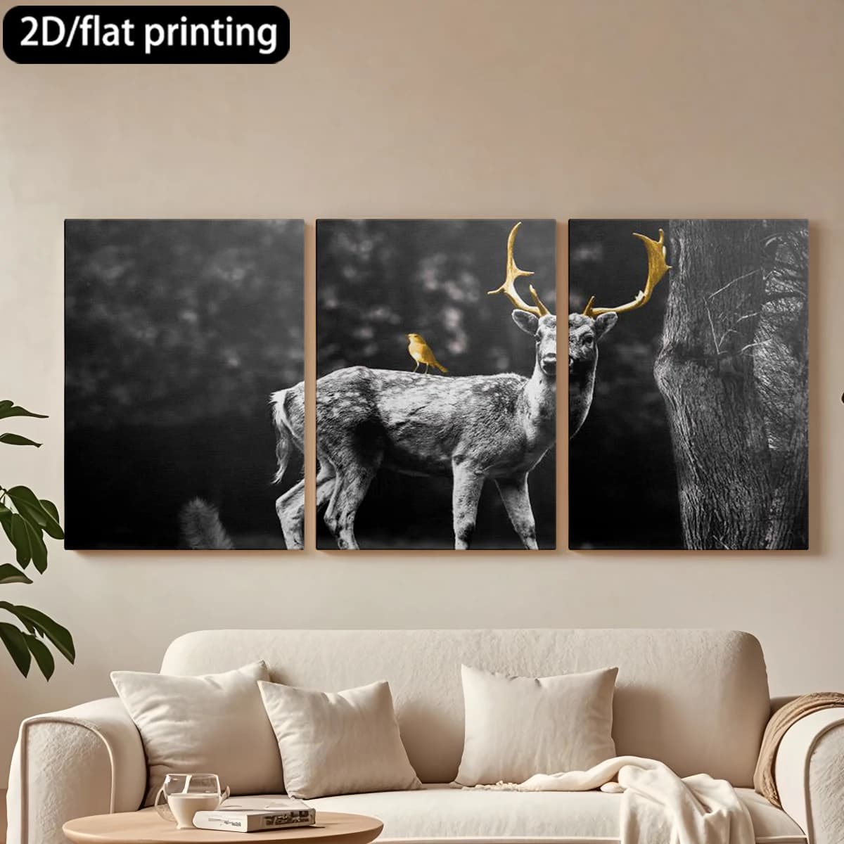 Decorative painting on canvas with wooden frame, 3 pieces. I'm looking, golden horns, bird on the back. Tende per camera da letto ikea.