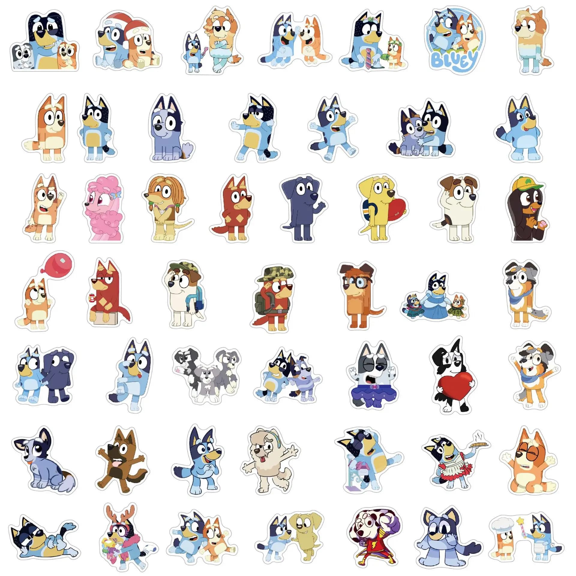 2 stili adesivi cartoni animati Bluey 100 pezzi simpatici anime graffiti decalcomanie per bagagli laptop tazza d'acqua auto elettrica regalo per bambini