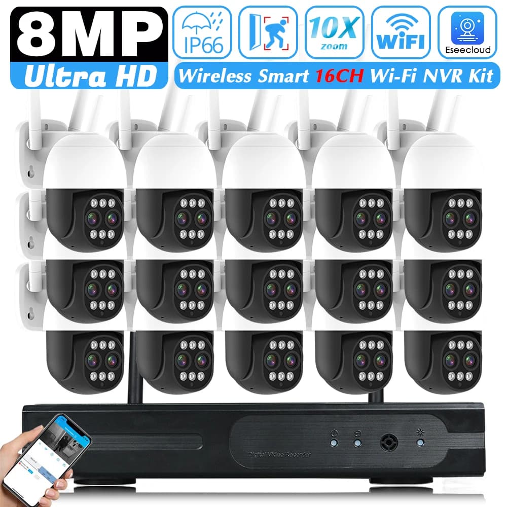 Wi-Fi 16CH NVR CCTV Set telecamera 8MP PTZ 10X Zoom Telecamera IP wireless Kit sistema di sicurezza P2P Sistema di sorveglianza wireless esterno