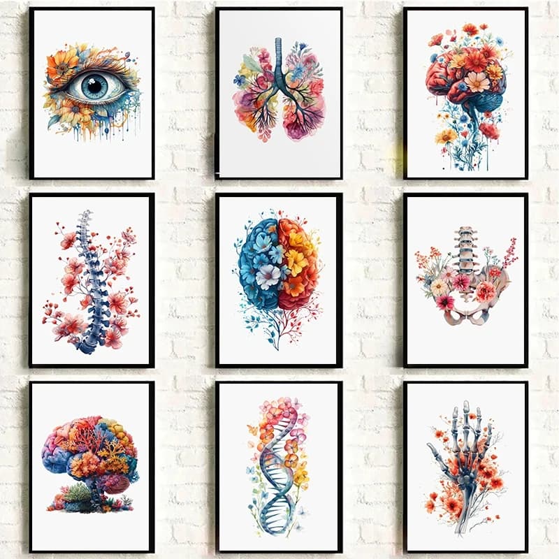 Anatomy of Human Organs Posters Flower Lungs Watercolor Neurology Psychologist Canvas Painting Wall Picture Medical Office De