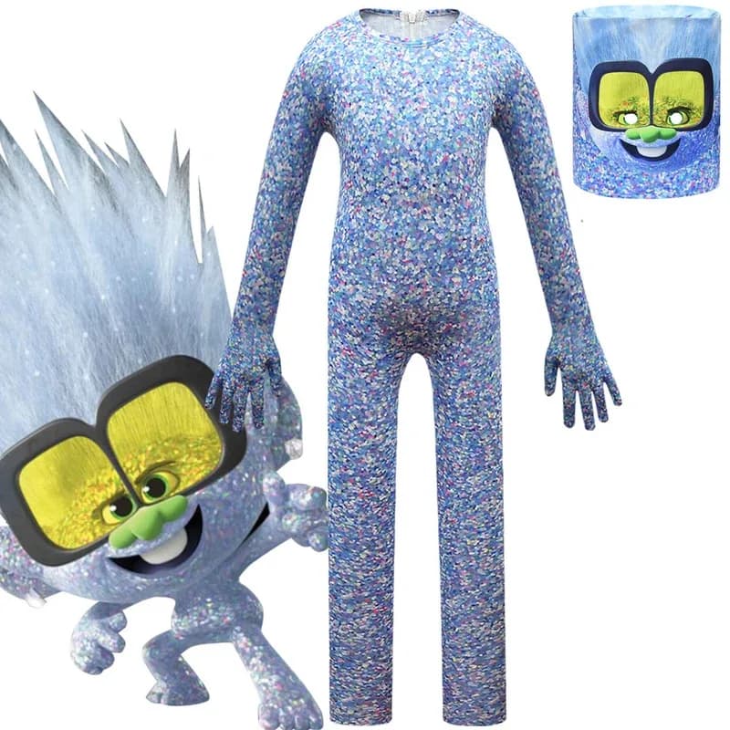 2025 New Halloween Kids T-Trolls White Sparkle Jumpsuits Children Halloween Costumes World Tour Cosplay Children Boys Bodysuit a
