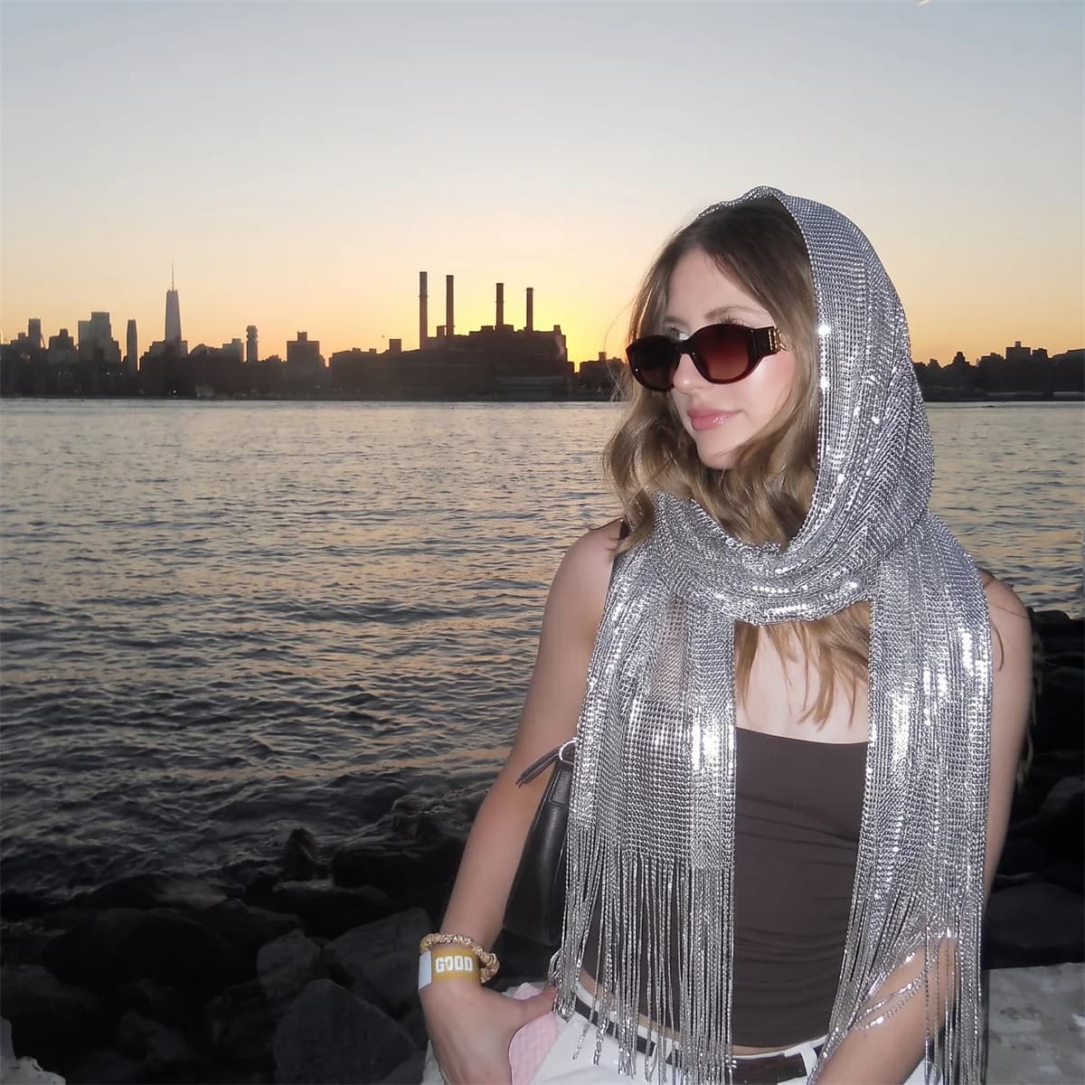 Y2K Sparkly Thread Solid Tassel Scarf Slim Neck Wrap Shiny Mesh Headband Shawl For Lady Rave Festival Street Night Out Outfit