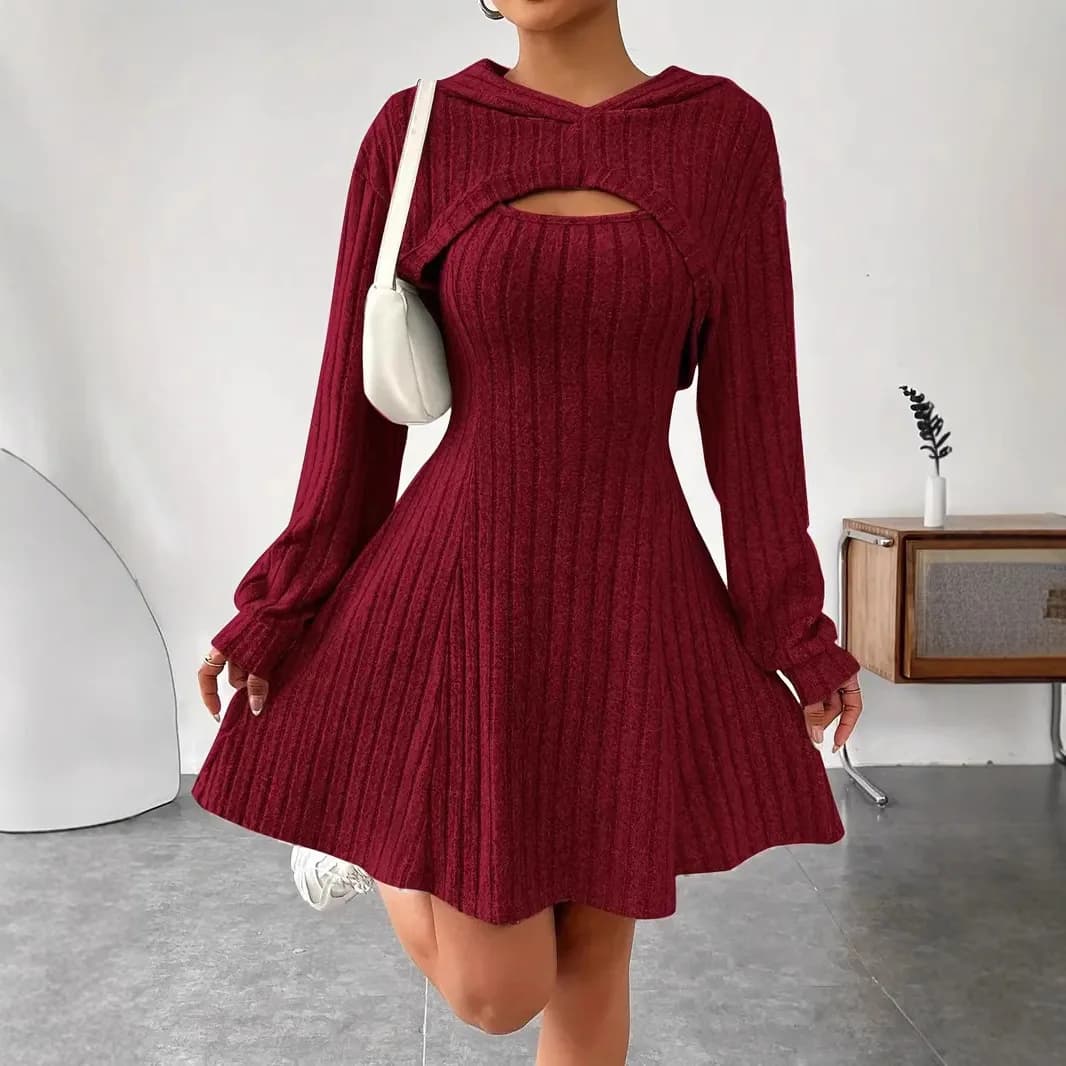 Set da 2 pezzi per donna Set slim lavorato a maglia Nuovo set coordinati Set gonna con cappuccio a maniche lunghe con collo quadrato e gilet a trapezio