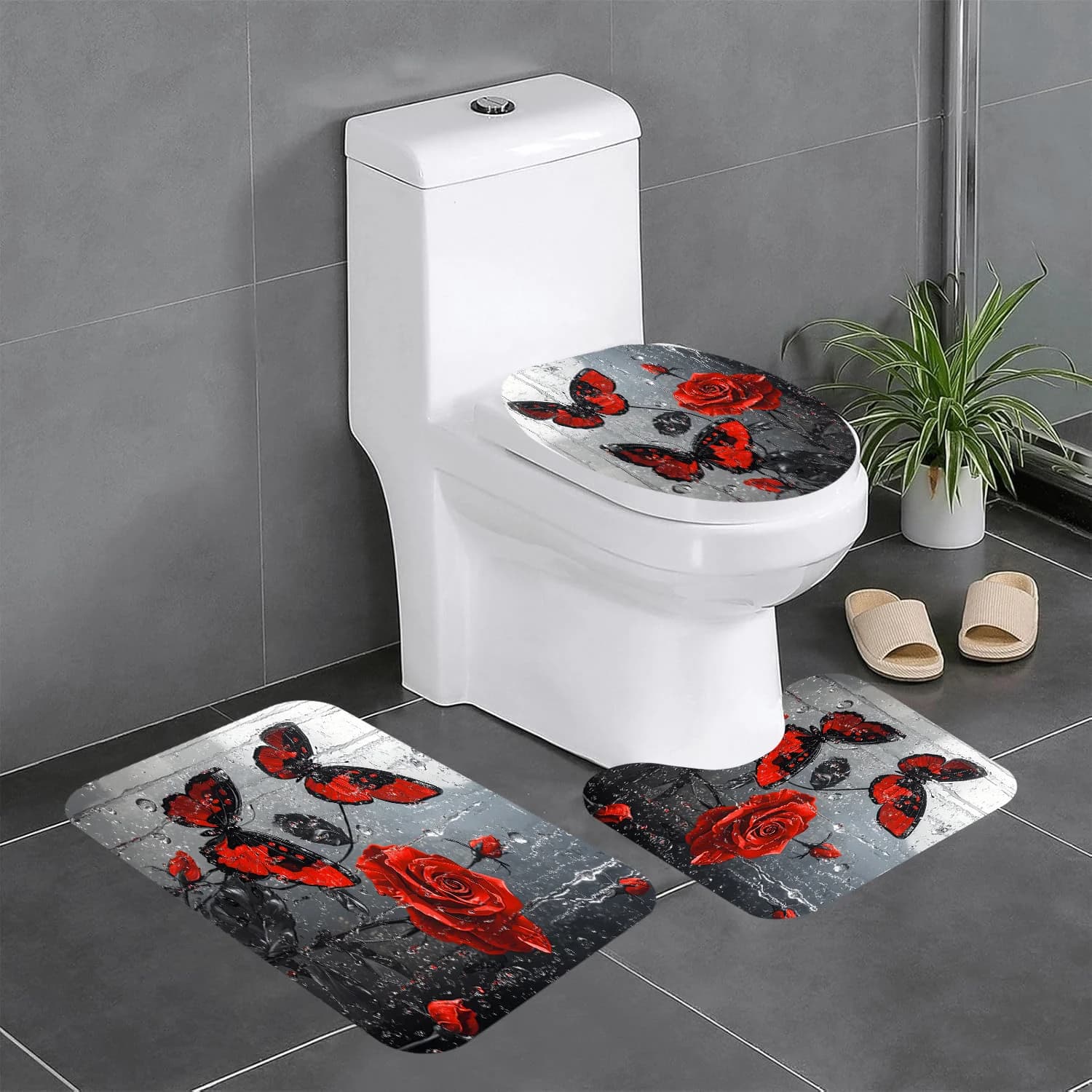 Set di tappeti da bagno con rose rosse e farfalle, 3 pezzi, motivo marmo grigio, antiscivolo, morbido tappetino da bagno, copriwater, tappetino sagomato