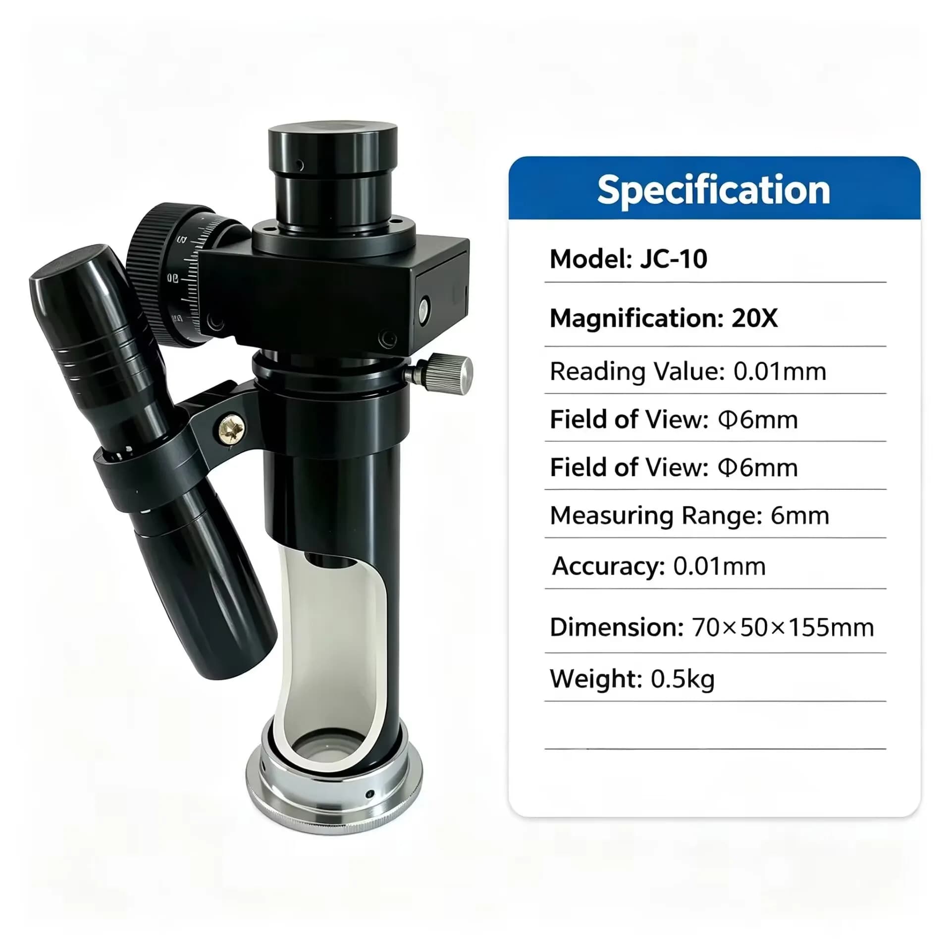 JC-10 Reading Microscope 20X LED Light Portable Measuring Microscope 0.01mm Resolution 6mm Range for Hardness Indentation Test