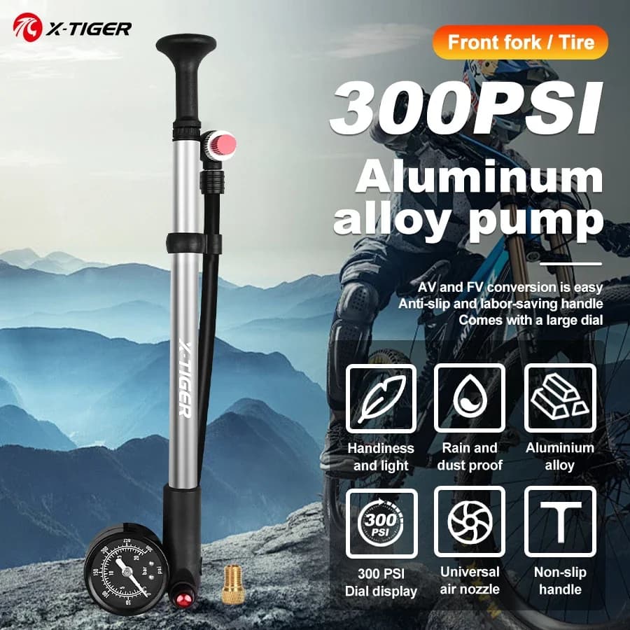 X-TIGER Pompa da bicicletta portatile ad alta pressione 300psi con manometro Forcella anteriore Pompa per bici da strada Accessori per biciclette leggeri
