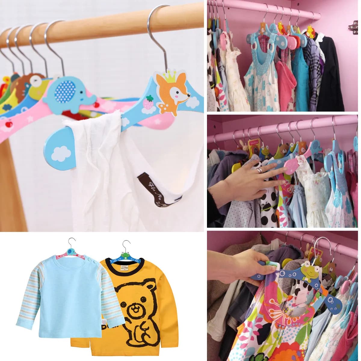 10Pcs Children Wooden Cartoon Clothes Hangers Light Hardwood Metal Hooks Kids Clothes Rack Eliminates Wrinkles Marks Supports