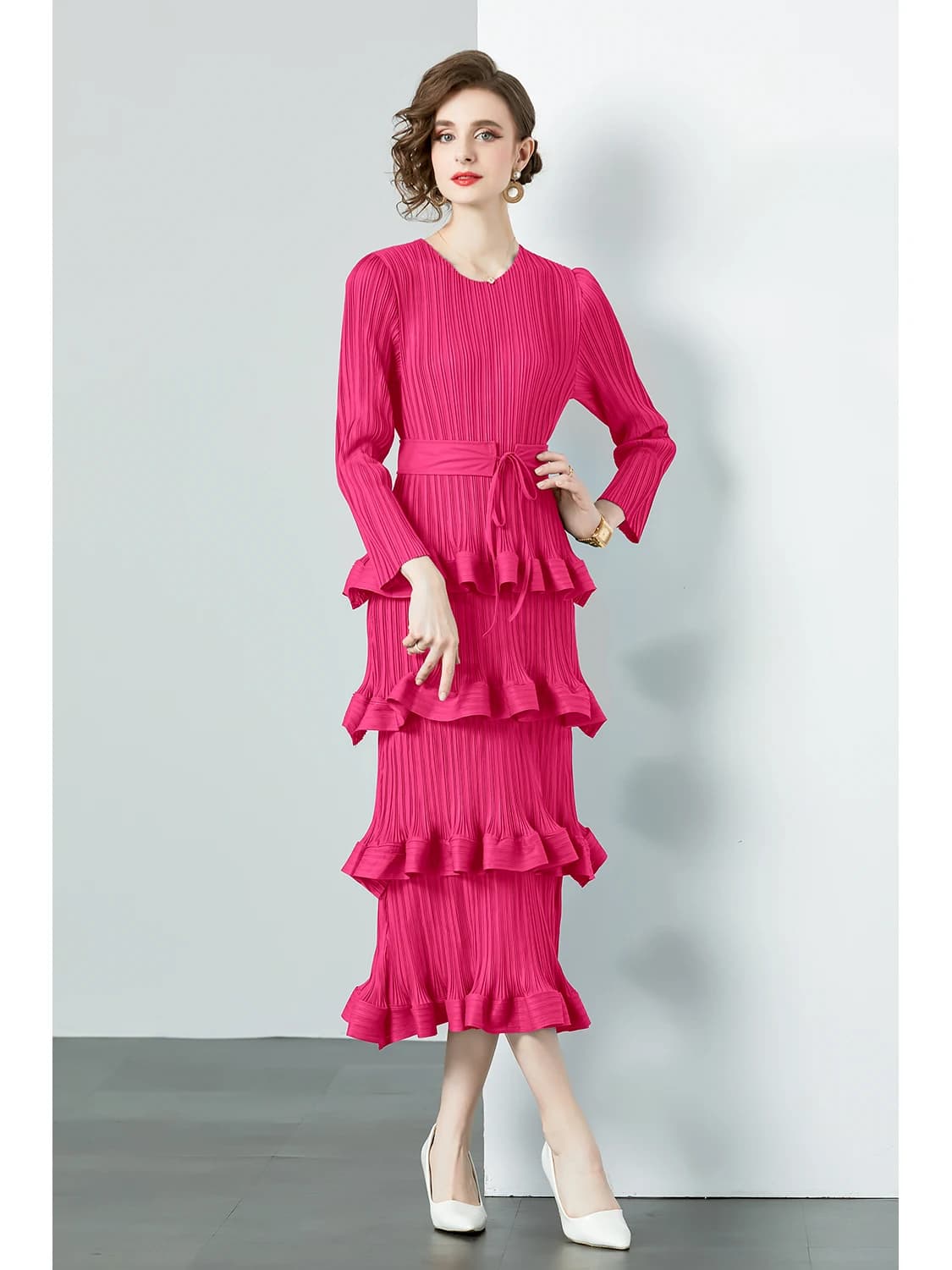 Elegant European Style Pleated Skirt Dress Belted Slim Fit Cake Skirt Heavy Embellishment Long Sleeve round Neck Dress