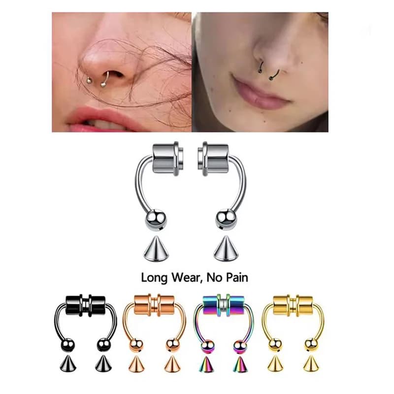 Stainless steel magnetic nose ring: fake non penetrating horseshoe circle, jewelry with clip set