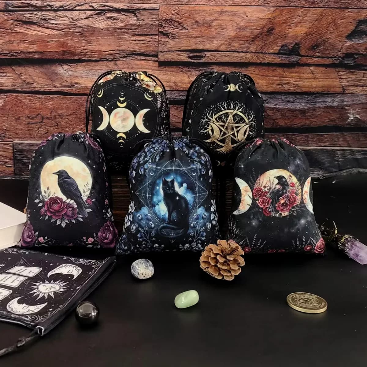 Black Short Plush Tarot Pouch Cards Storage Bag Witch Triple Moon & Tree of Life Wicca Altar Bag For Divination Jewelry Pouch