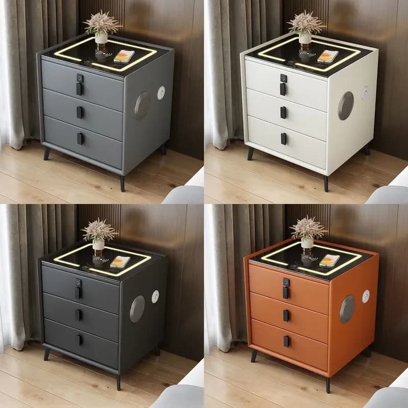 Solid Wood Smart Nightstand with Wireless Charger Fingerprint Lock Integrated Lamp Modern Multifunctional Bedroom Side Table