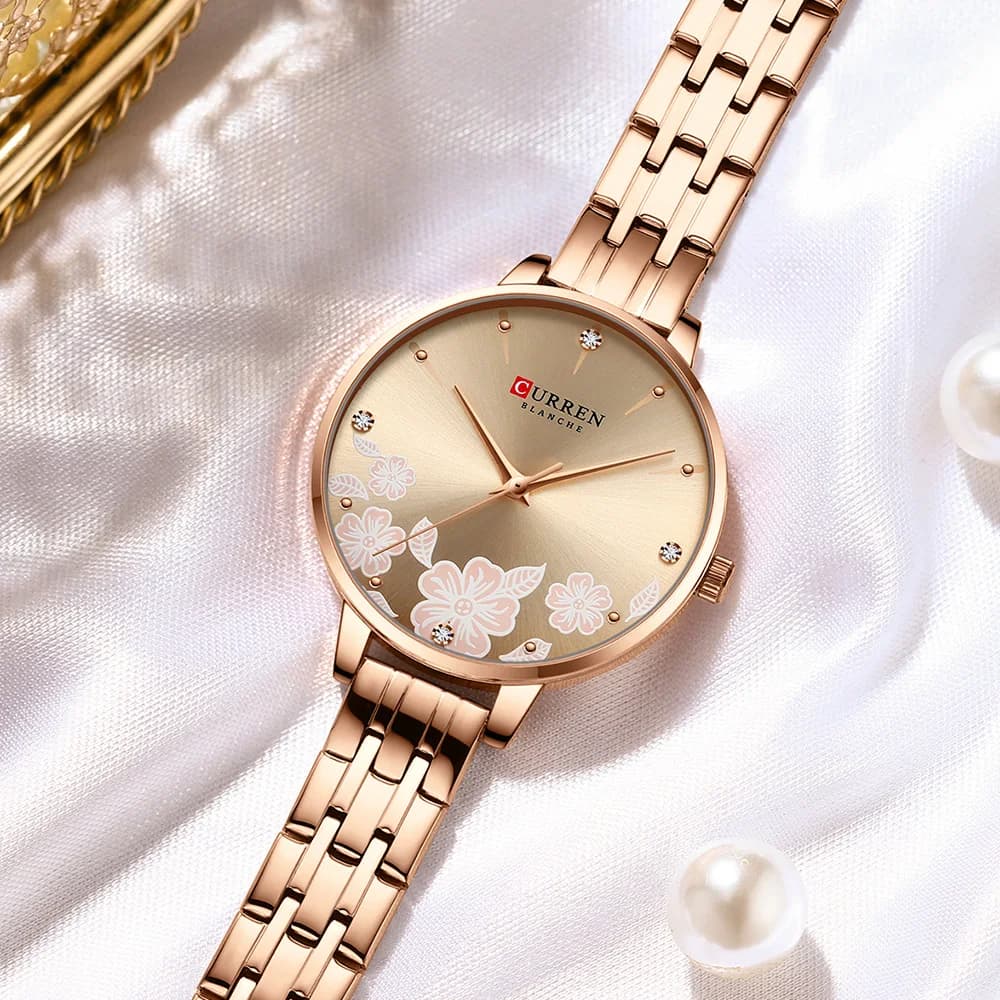 CURREN Exquisite Minimalist Women's Watch Waterproof Quartz Wrist Watch Luxury Colorful Steel Women's Watch Pink Gold