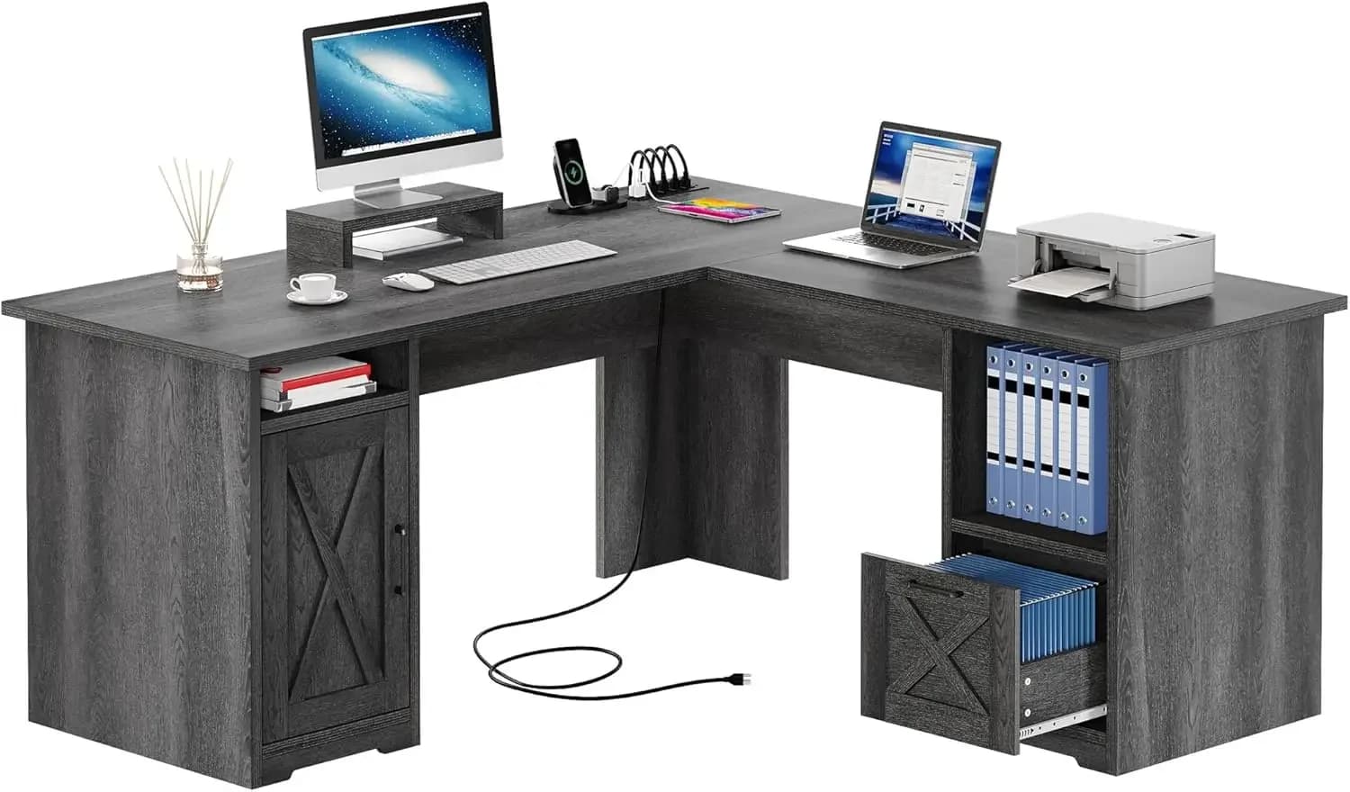 Scrivania angolare a L da 60 pollici con prese di corrente, supporto per monitor, ripiani portaoggetti, cassetto portadocumenti, grigia