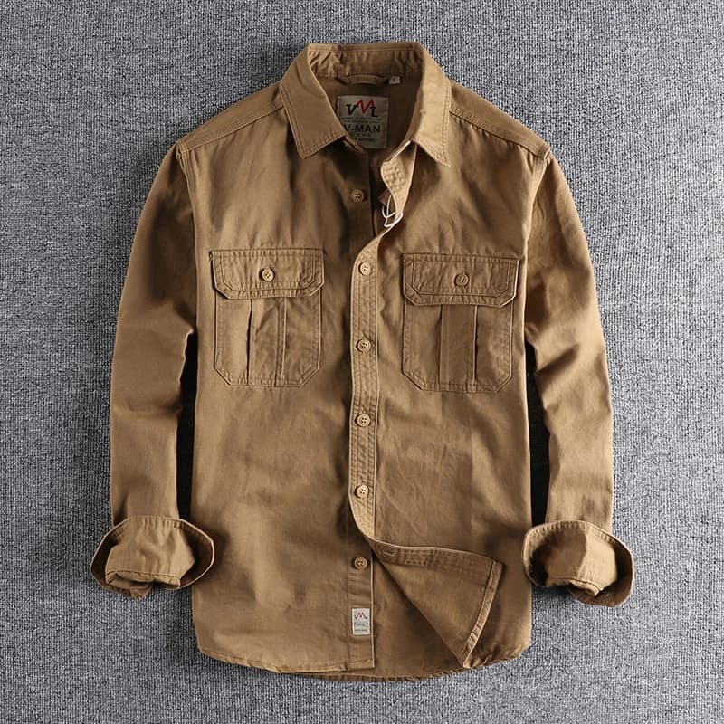 Autunno Nuovo Giapponese Retro a Maniche Lunghe Risvolto Intrecciato Camicia Cargo da Uomo Semplice 100% Cotone Lavato Doppia Tasca Casual Camicette Giovani