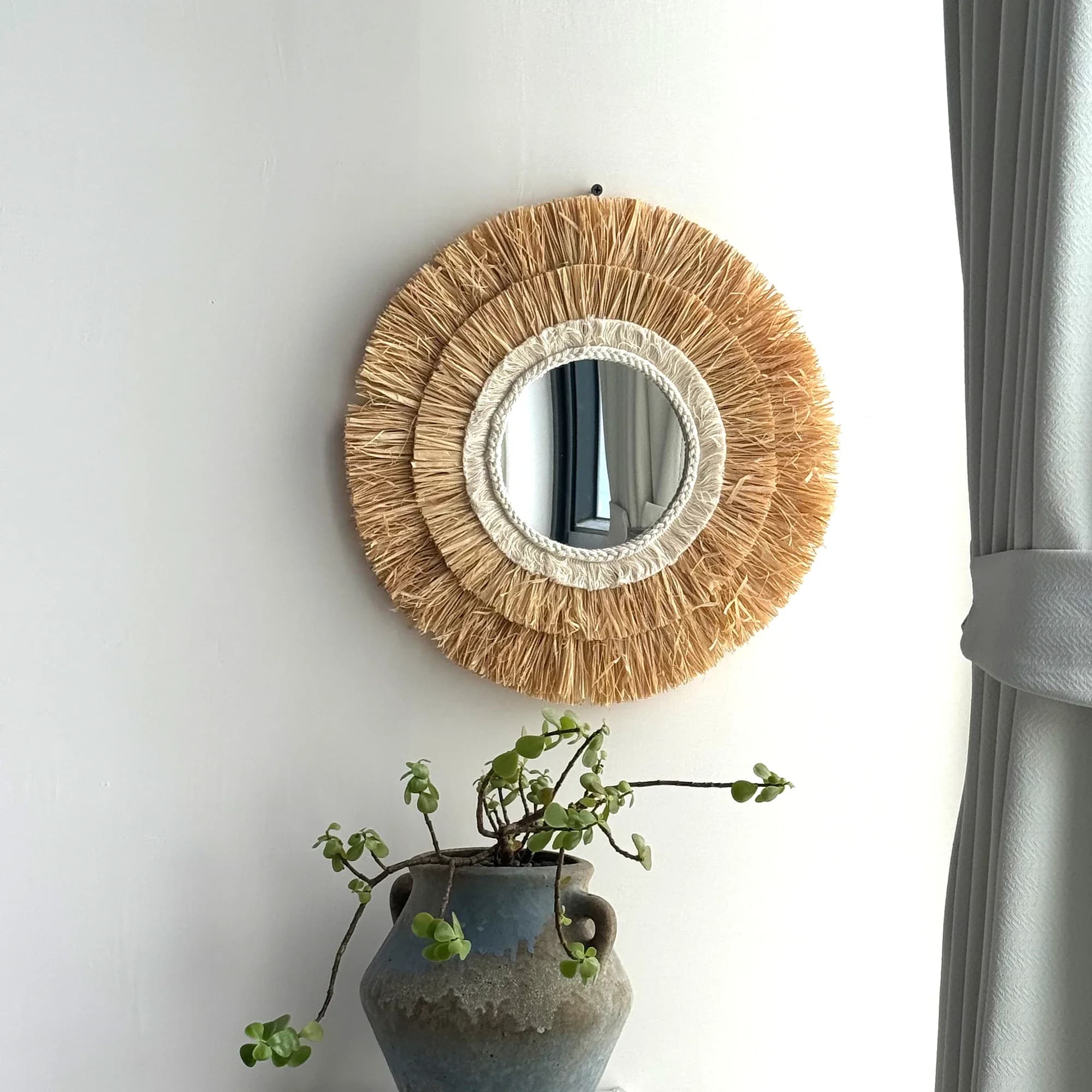 Specchio da parete rotondo sospeso Specchio decorativo da parete con cerchio in rafia a due livelli per il bagno della camera da letto del soggiorno della fattoria