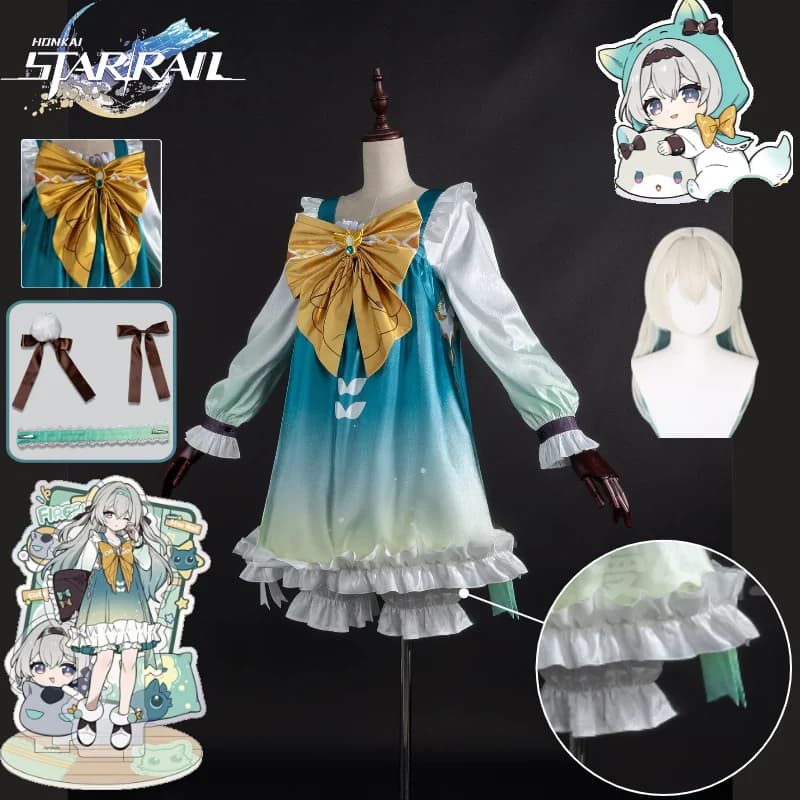Honkai: Star Rail Firefly Cosplay Costume Girls' Dorm Series Mint Green Cute Pajamas Soft Firefly Girl Loungewear Wig for Party