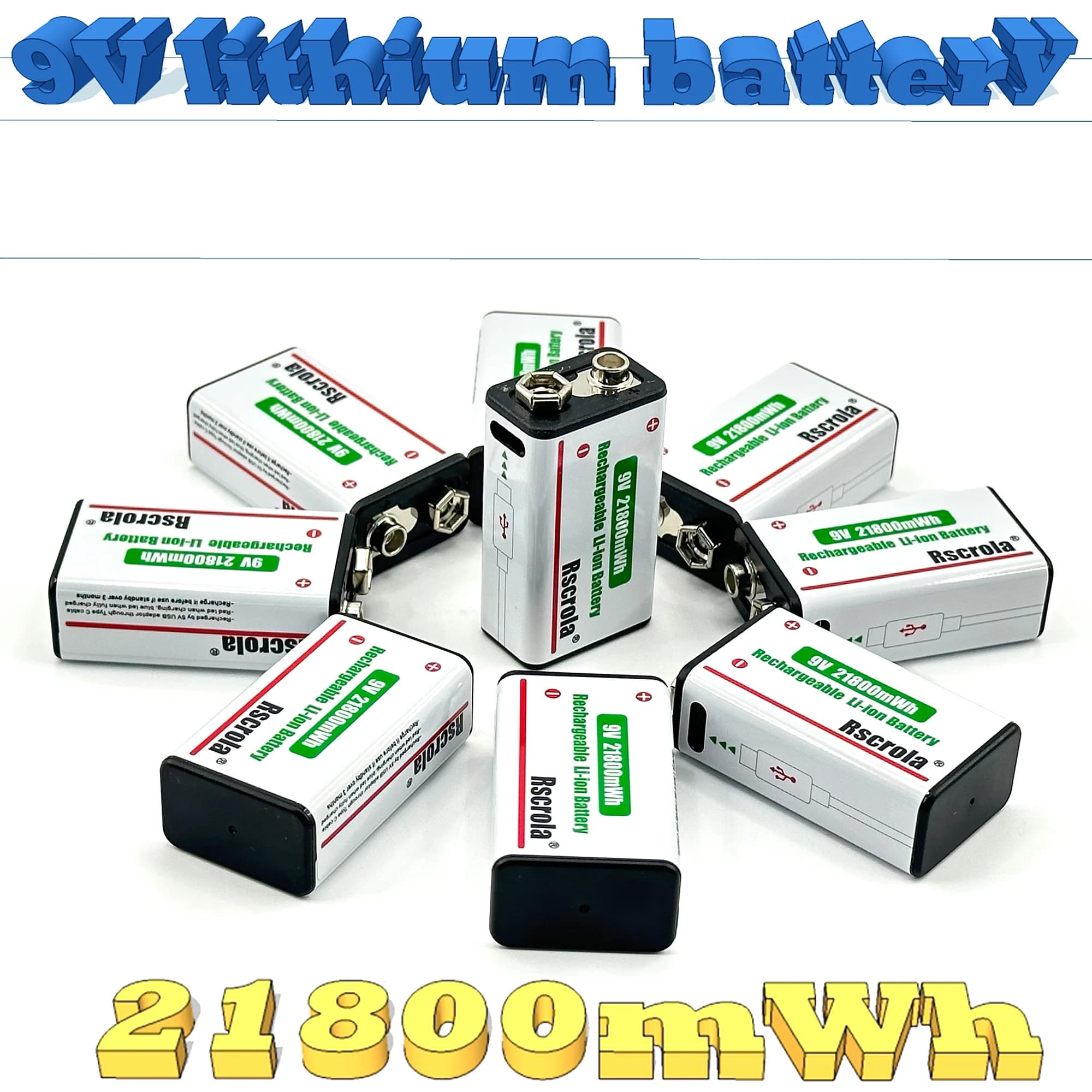 Batteria Ricaricabile Rscrola 9V 21800mWh Li-ion con Connettore Type-C per Multimetro, Microfono, Giocattoli, Telecomando, Uso KTV