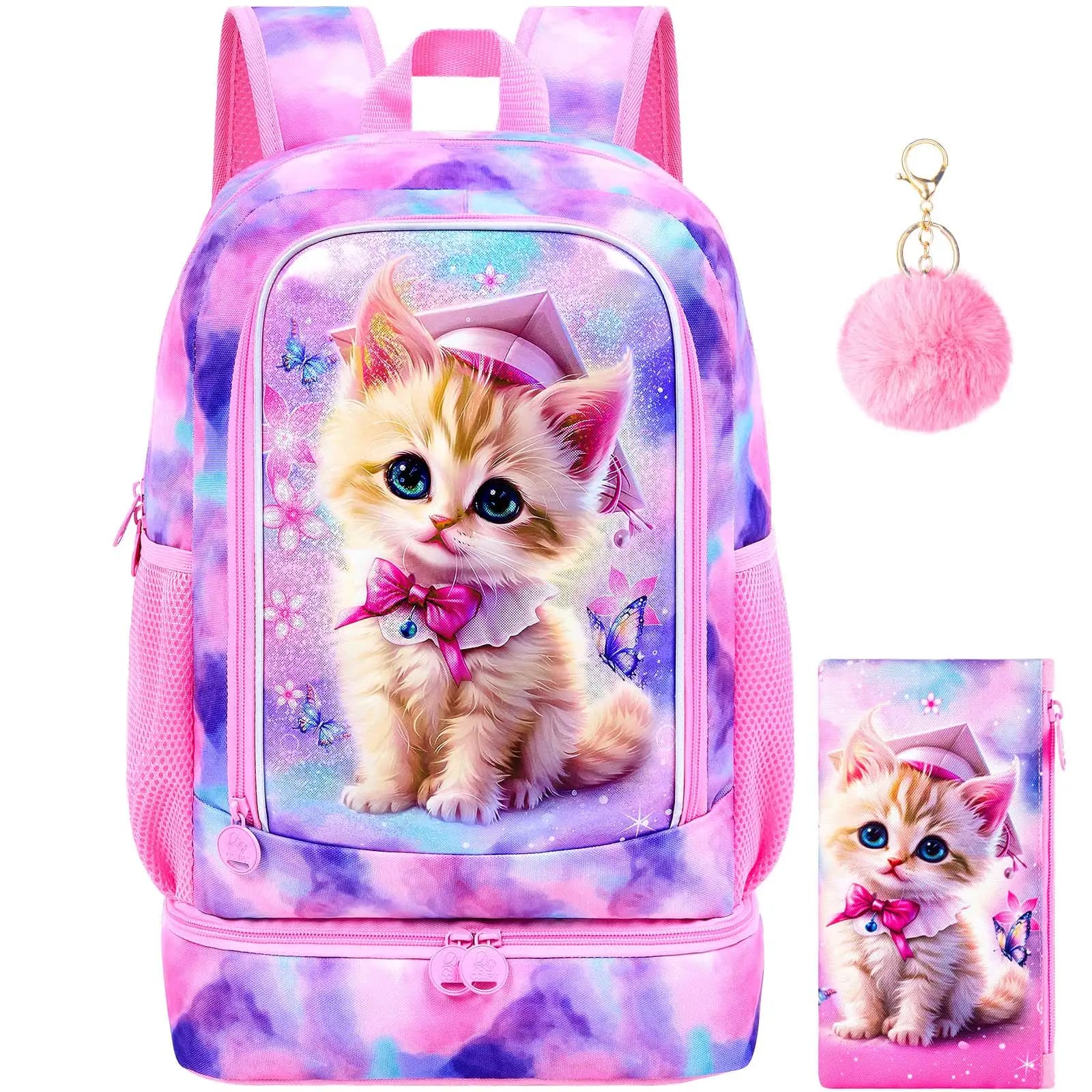 Cat Bookbag for Girls, Kids Backpack Set with Bottom Lunch Compartment and Pencil Bag, School Bag for Elementary Preschool
