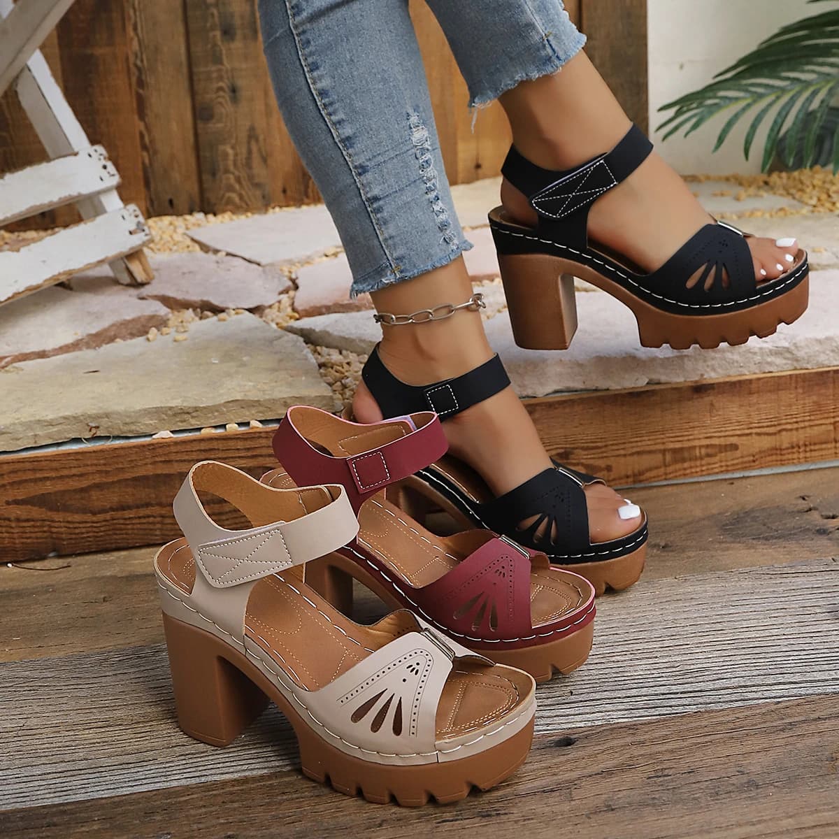 Women's 2026 New Velcro Increased Thick Heel Sandals Summer Large Size Solid Color Fashionable Non-slip Comfortable Sandals