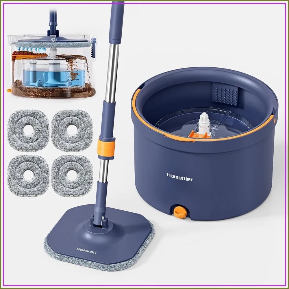 Spin Mop and Bucket Set, Dual Tank Mop Bucket with Separate Dirty Water System, Deep Cleaning Mop for Floor/Wall, 4 Microfiber Mop Pads, Extendable Handle for Home Cleaning