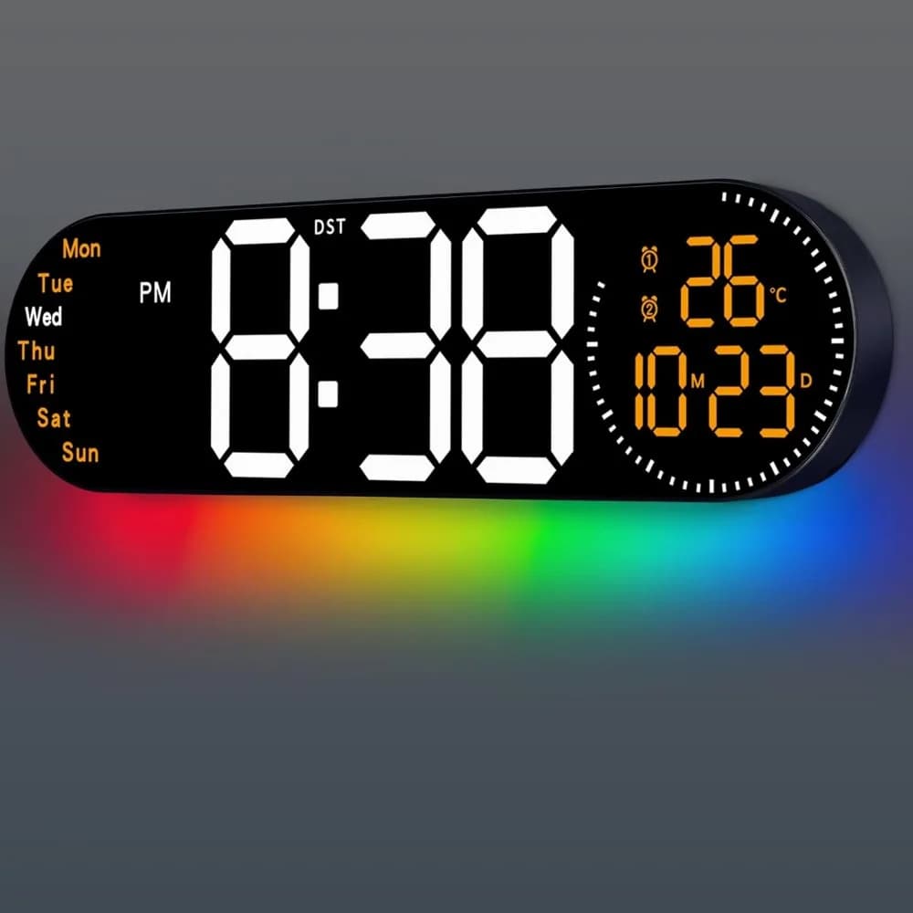 Orologio da Parete LED da 17,2 Pollici con Cambio Colore, Data, Settimana, Temperatura e Dimmer Automatico
