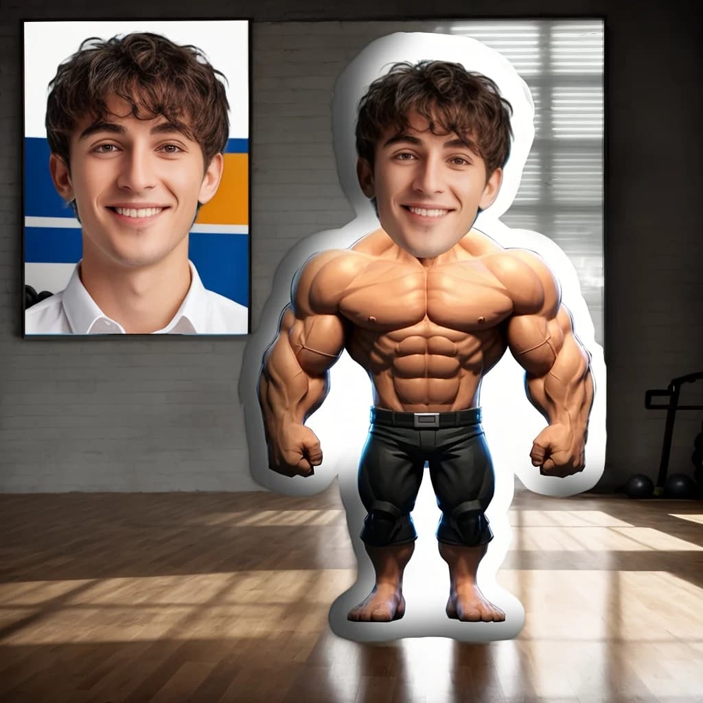 Cuscino fotografico muscolare personalizzato da uomo con parti del viso divertenti personalizzate, inclusa le tue foto Meme umoristiche per la famiglia