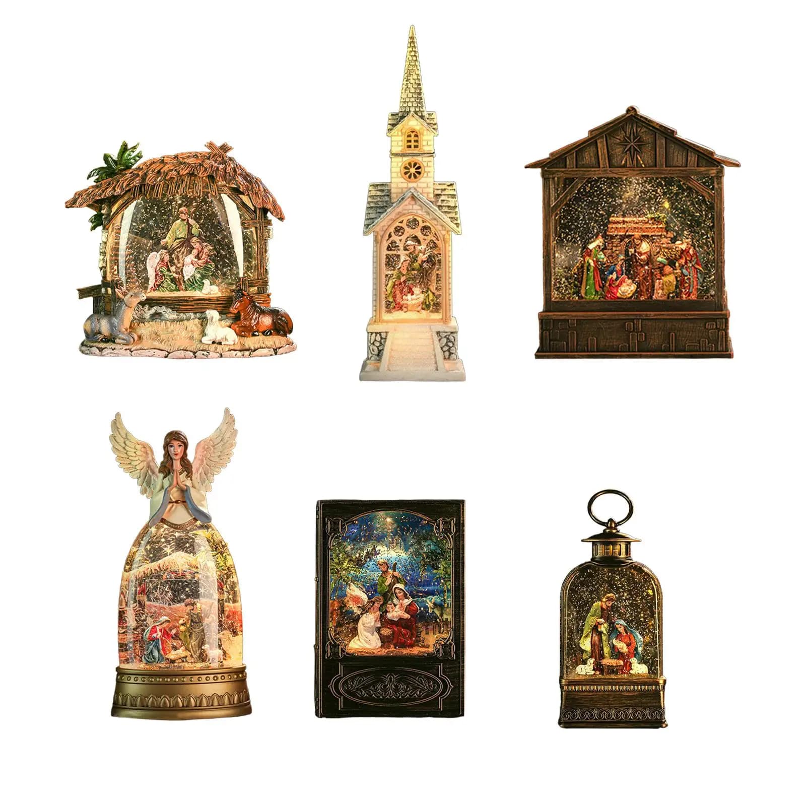 Collezione di scene di presepe di Natale con globo di neve Decorazione natalizia Figurina decorativa con luce notturna per soggiorno, scaffale per ufficio