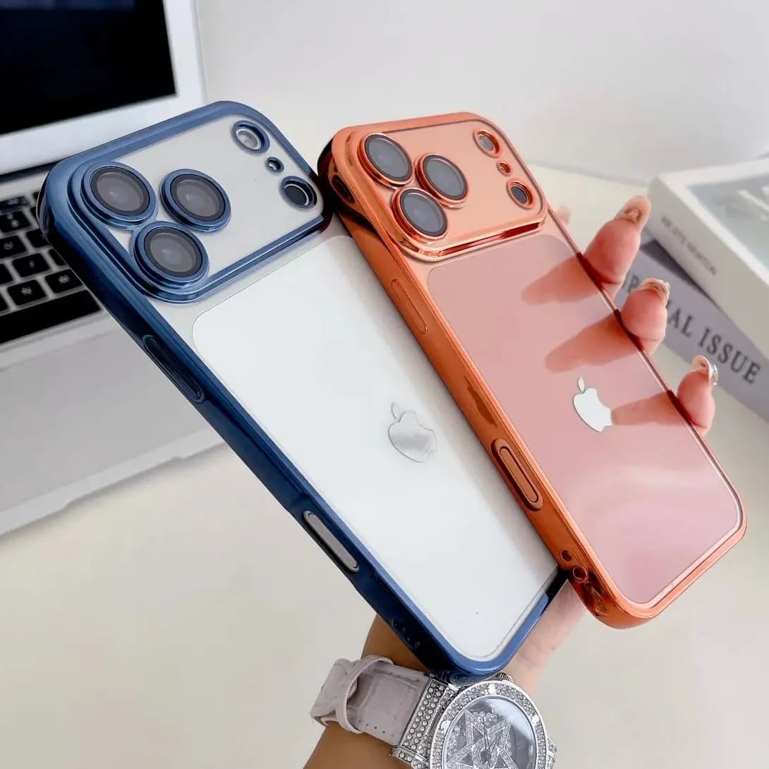 Fashion Electroplate 3D Lens Protect Orange Phone Case For iPhone 17 Air 16 15 14 13 12 11 Pro Max Plating Clear Soft TPU Cover