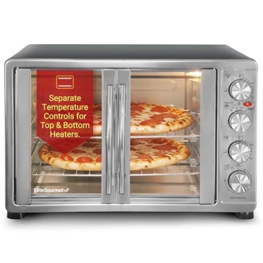 Forno a Convezione ETO4510B French Door da 47.5Qt per 18 Fette con 4 Manopole di Controllo: Cuocere, Grigliare, Tostare, Girarrosto, Mantenere Caldo, Include 2 teglie da 12 pollici per Pizza