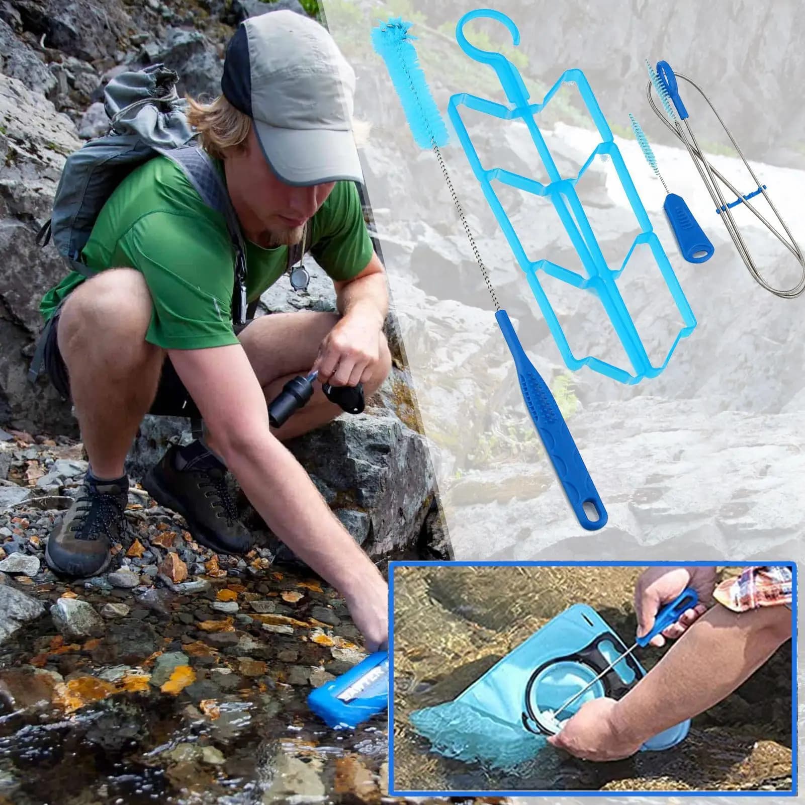 Kit di Pulizia per Sacche d'Acqua, Strumento Multifunzione per la Pulizia di Sacche Idratazione, Attrezzi da Campeggio per Sacche d'Acqua