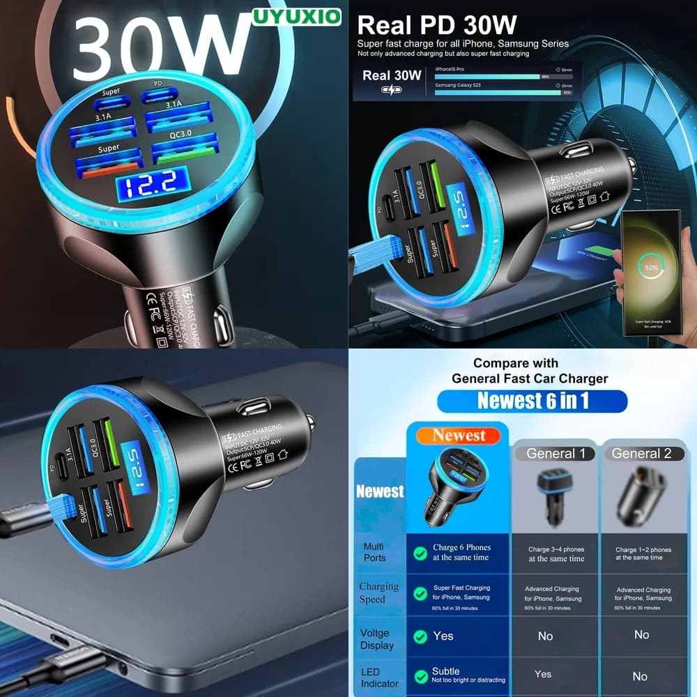 Car Charger Fast Charging Super Fast LED Digital Display for iPhone 17 16 15 14 Pro Max Plus 6 Ports PD 30W Plug Smart IC Chip
