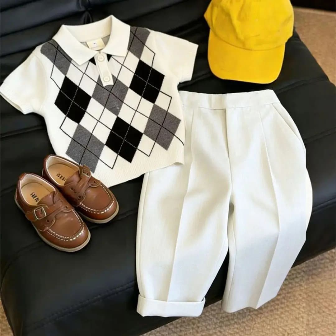 Children's Set Summer New Style Boys' Retro Short Sleeve Knitted Shirt Straight Pants 2-piece Set