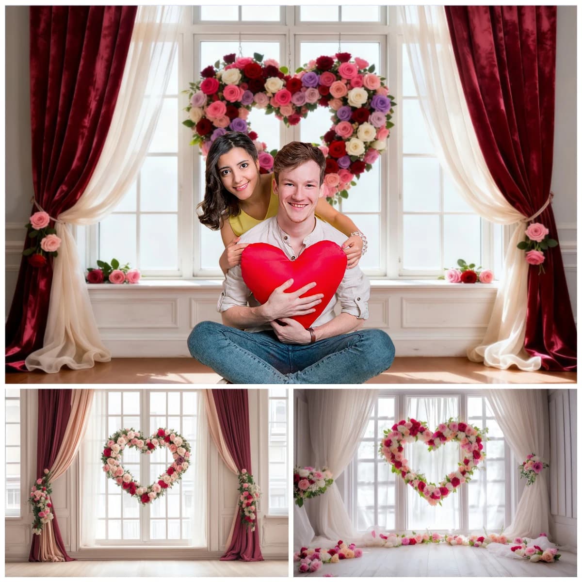 Sfondi di San Valentino per fotografie Cuore Tenda rossa Fiore Bridal Shower Decorazioni per feste di matrimonio Sfondo per ritratti di coppia