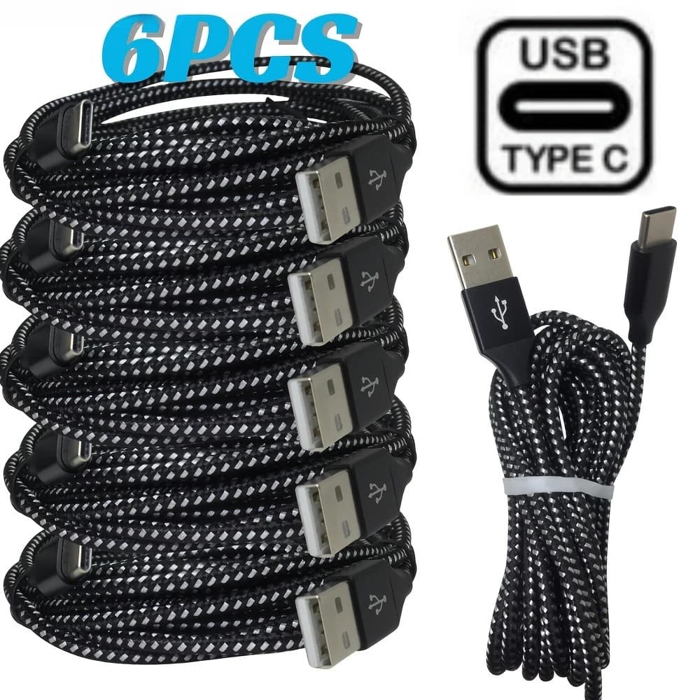 Cavo USB C intrecciato da 6 pezzi, caricatore rapido da 10 piedi/3 m per Samsung, design anti-groviglio, cavo rinforzato, connettore robusto