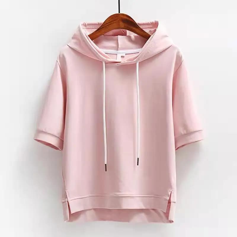 T-shirt con cappuccio a mezza manica da donna, tinta unita, nuovo stile estivo, con spacco, 100% poliestere